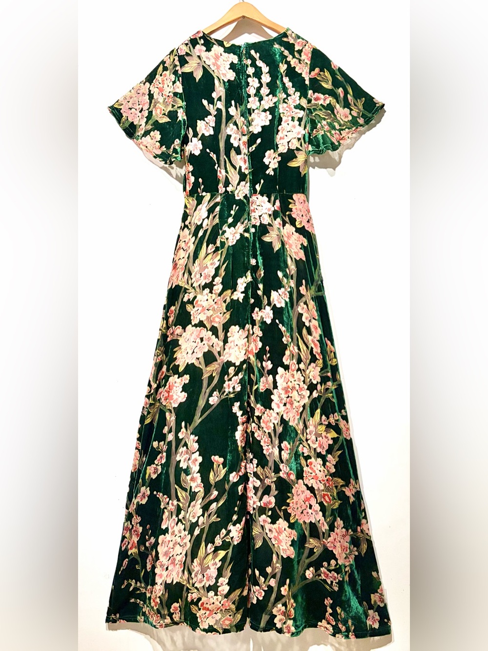 •Modcloth• Metallic Emerald Velvet Maxi Dress with Pink Floral - Picture 2 of 15